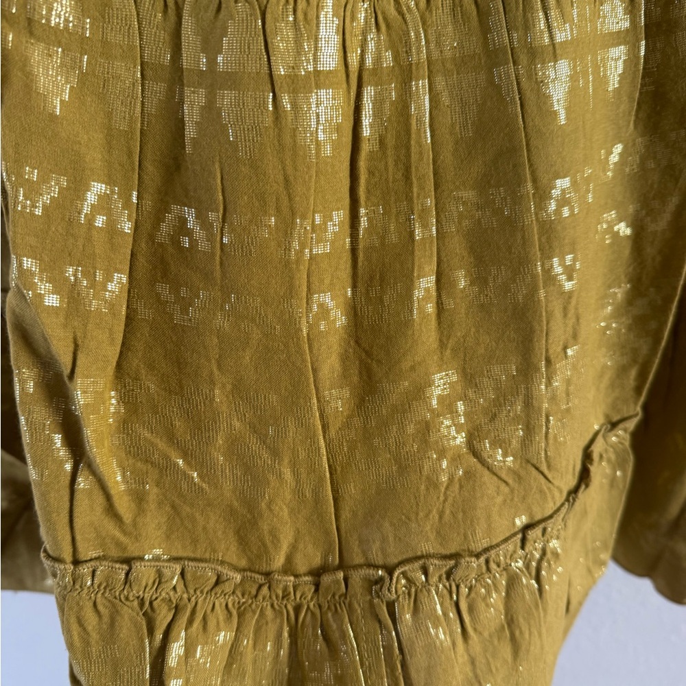 NWT Elan Clara Tiered Babydoll Dress Size S Metallic Gold Mustard Boho Bell Slv - Picture 4 of 8